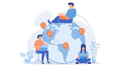 An illustration of three workers sat on top and around the Earth, with map markers on the globe indicating that they're all working from different regions simultaneously. Decorative: the Earth and the clothes of two of the people are blue, while the map markers and the shirt of the other worker are orange, all set against a white background.