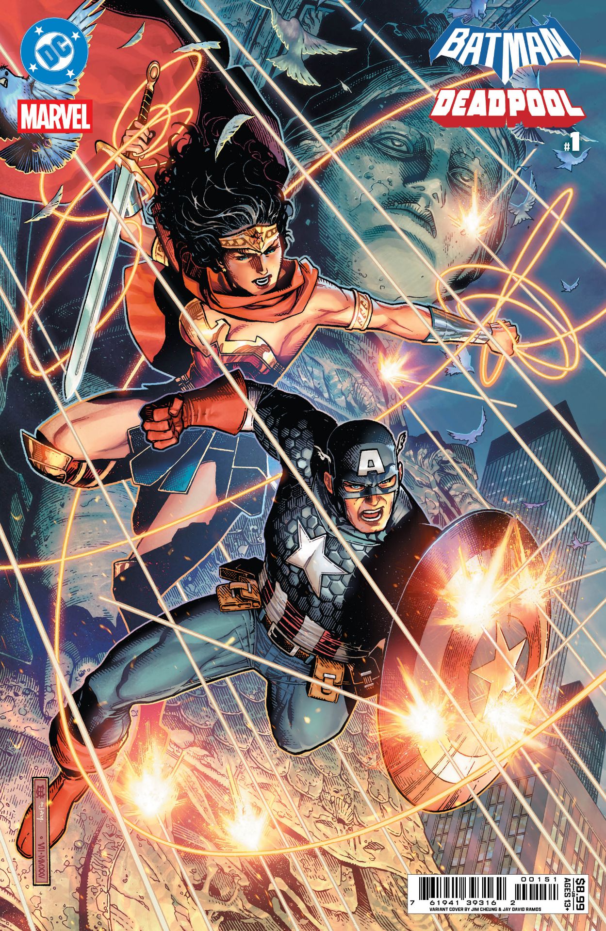 Wonder Woman and Captain America leaping into action while deflecting a hail of bullets