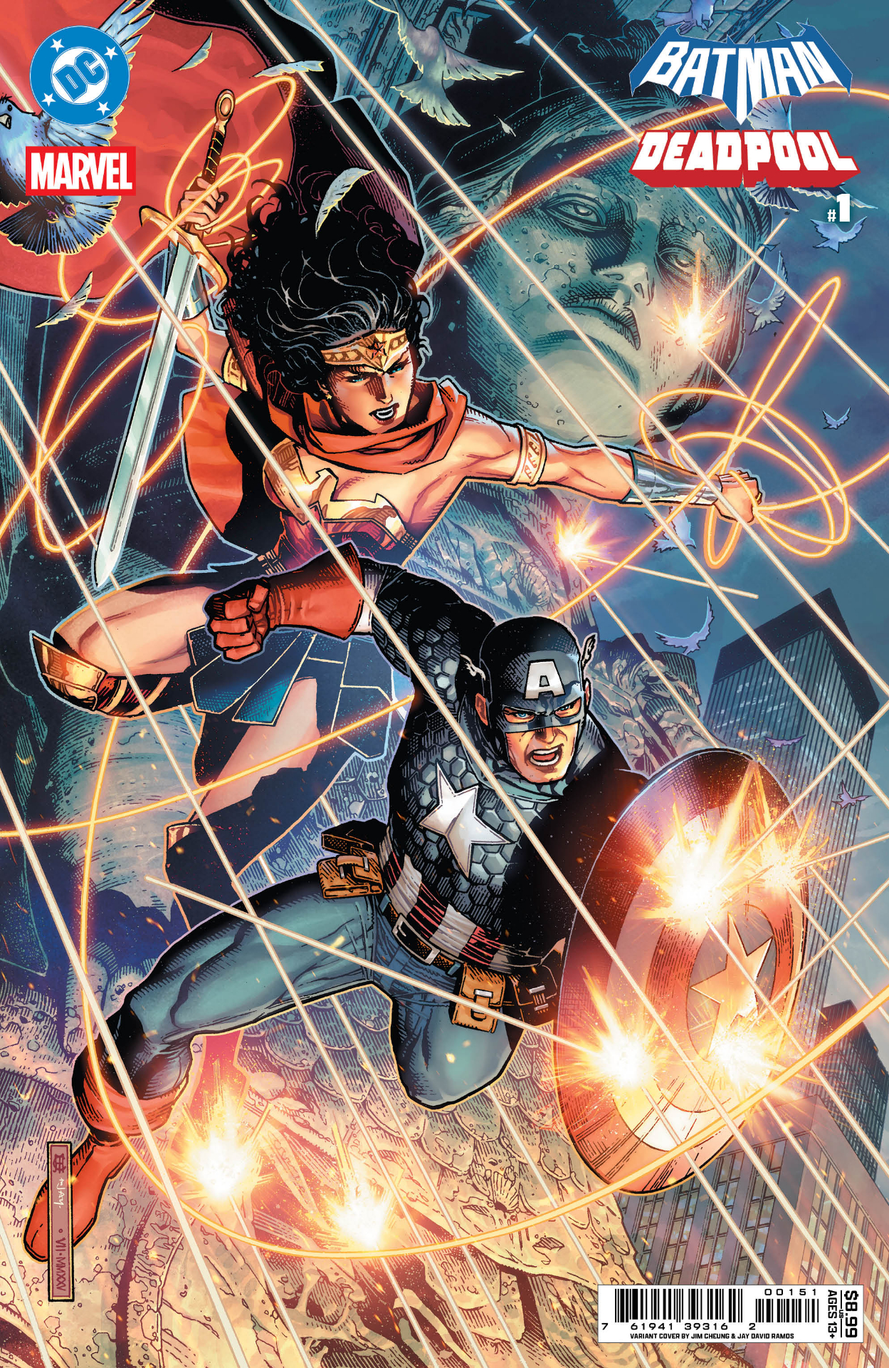 Wonder Woman and Captain America leaping into action while deflecting a hail of bullets