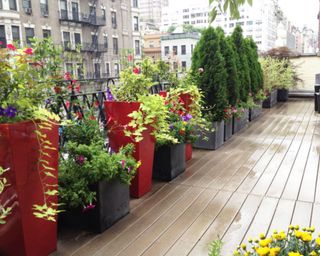 An urban roof terrace in NYC with deck and black and red planters
