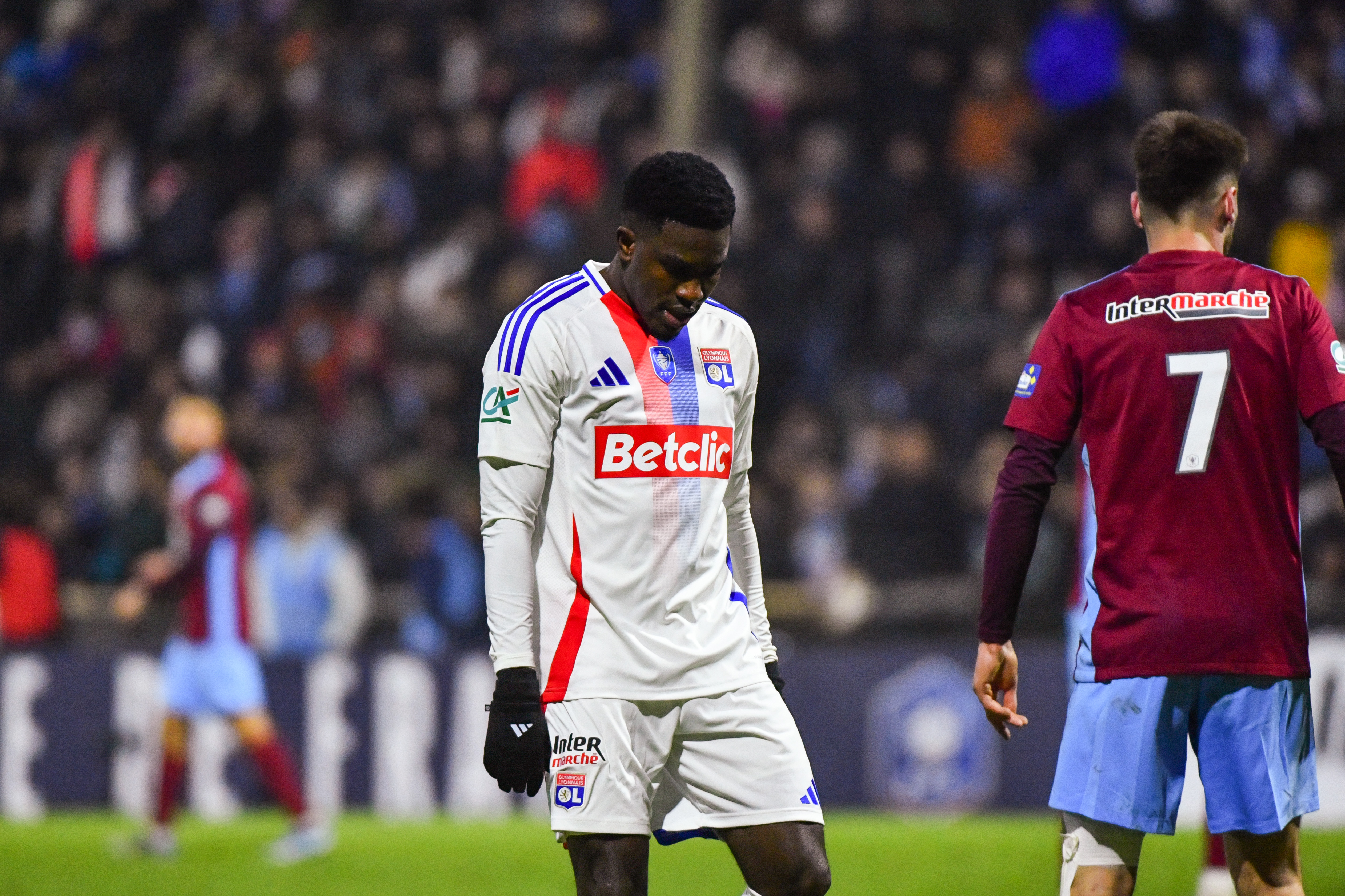 Lyon star Ernest Nuamah looks on after his side were dumped out of the French Cup by fifth-tier side Bourgoin-Jallieu
