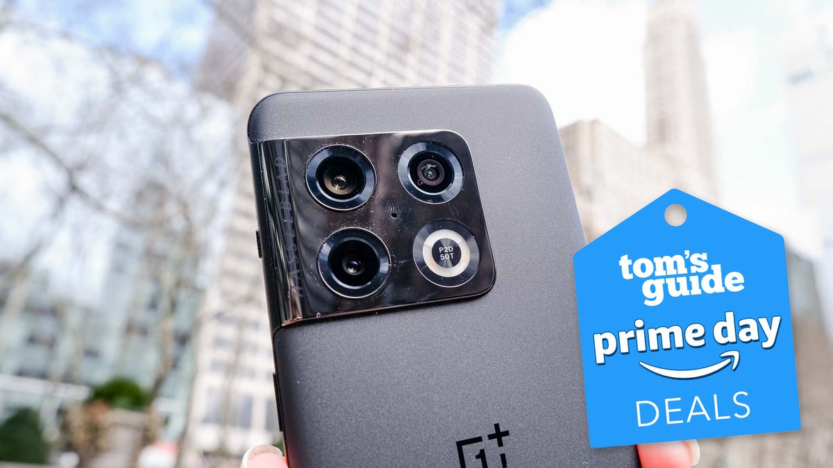 A Volcanic Black OnePlus 10 Pro&#039;s rear cameras with a Tom&#039;s Guide Prime Day badge superimposed on the image