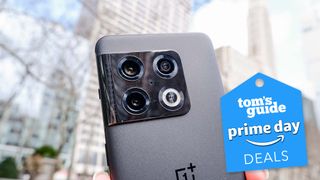 A Volcanic Black OnePlus 10 Pro's rear cameras with a Tom's Guide Prime Day badge superimposed on the image