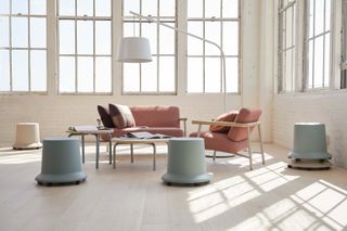 Stools, low tables, sofa and chair, all part of the ‘Routes’ collection of office furniture by Pearson Lloyd for Teknion