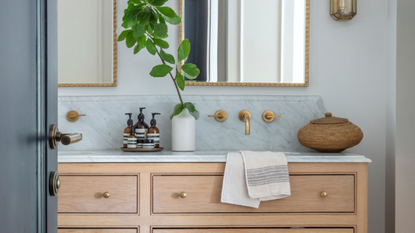 A guest bathroom with a vanity On top of the vanity is a tray of body wash/ soap as well as a plant in a vase and a small rattan basket. Above the vanity are two large bobbin mirrors. 