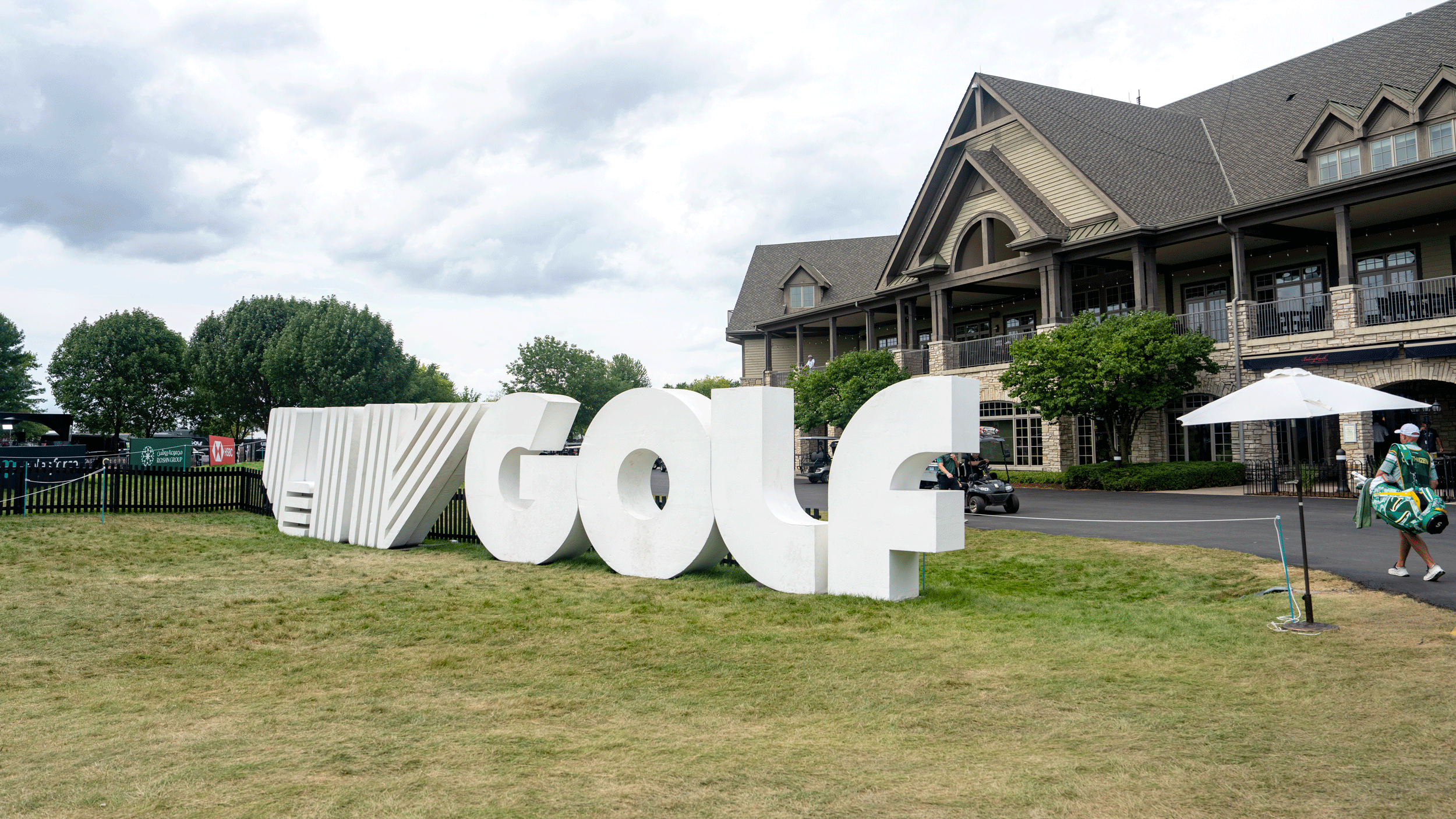 A large LIV Golf model logo stands outside of Bolingbrook Golf Club which hosts LIV Golf Chicago