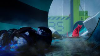 Marathon pink robot cat sitting in behind dead runner