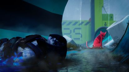 Marathon pink robot cat sitting in behind dead runner