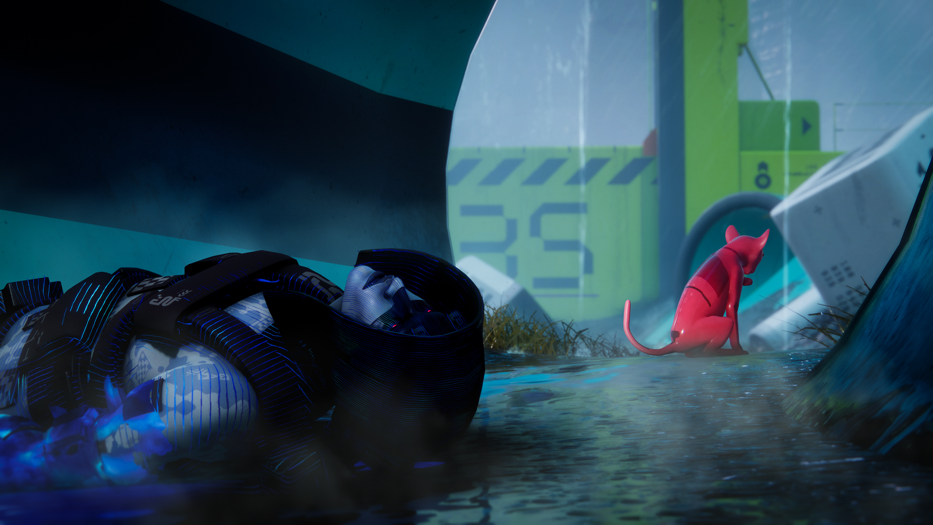 Marathon pink robot cat sitting in behind dead runner