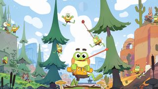 Big Hops game, a cartoon frog on running in a forest
