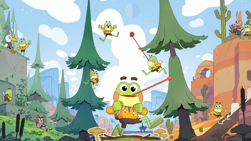 Big Hops game, a cartoon frog on running in a forest