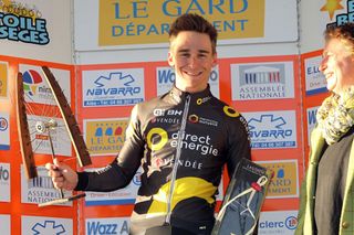 Bryan Coquard on the podium after winning Stage 2 of the 2016 Etoile de Besseges