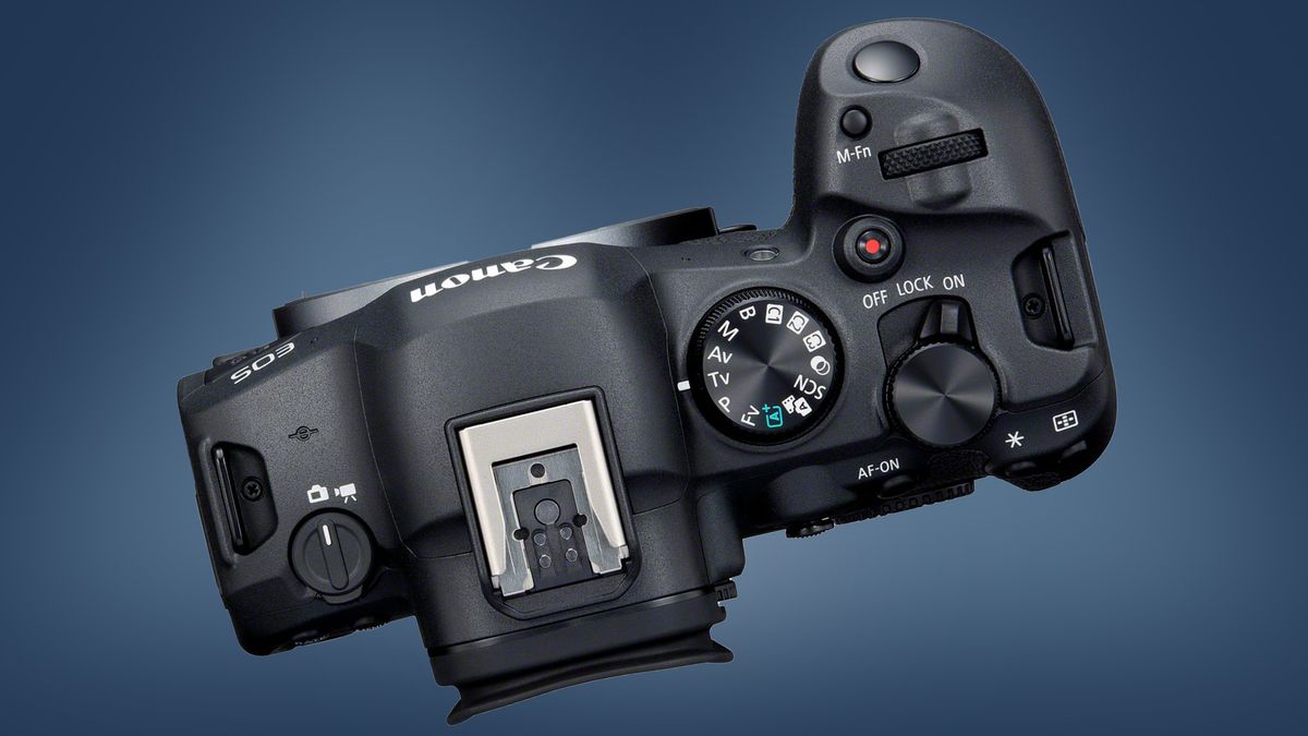 The Canon EOS R6 Mark II camera on a blue background