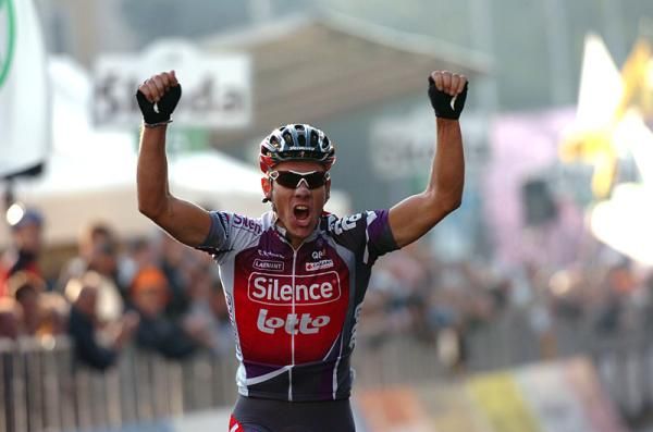 Philippe Gilbert celebrates his Giro di Lombadia victory, his first career win in a Monument.