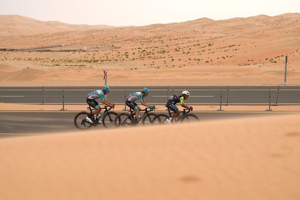 LIWA PALACE ABU DHABI UNITED ARAB EMIRATES FEBRUARY 17 Manuele Tarozzi of Italy Federico Biagini of Italy and Team VF Group Bardiani CSFFaizane and Ariel Carlos Samudio Carrera of Panama and Team Solution Tech Vini Fantini compete in the breakaway during the to the 7th UAE Tour Stage 1 a 138km stage from Madinat Zayed Shams Solar Park to Liwa Palace UCIWWT on February 17 2025 in Liwa Palace Abu Dhabi United Arab Emirates Photo by Dario BelingheriGetty Images