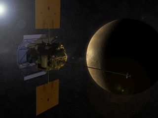 An artist&#039;s conception shows the MESSENGER spacecraft in orbit around Mercury. 