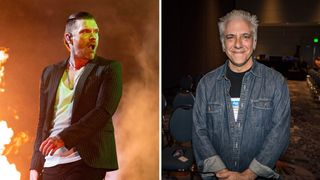 Brent Smith [left] performs in a blazer and white T-shirt as flames from pyro light the stage behind him. On the right, Rick Beato is photographed in a denim overshirt at NAMM 2022.