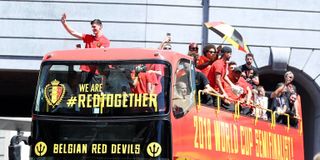 Belgium players on a bus parade in Brussels after finishing third at the 2018 World Cup.