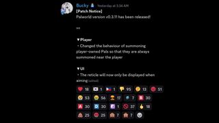 Palworld update notification on Discord and several reaction emojis like thumbs down, being sick, and giving the middle finger