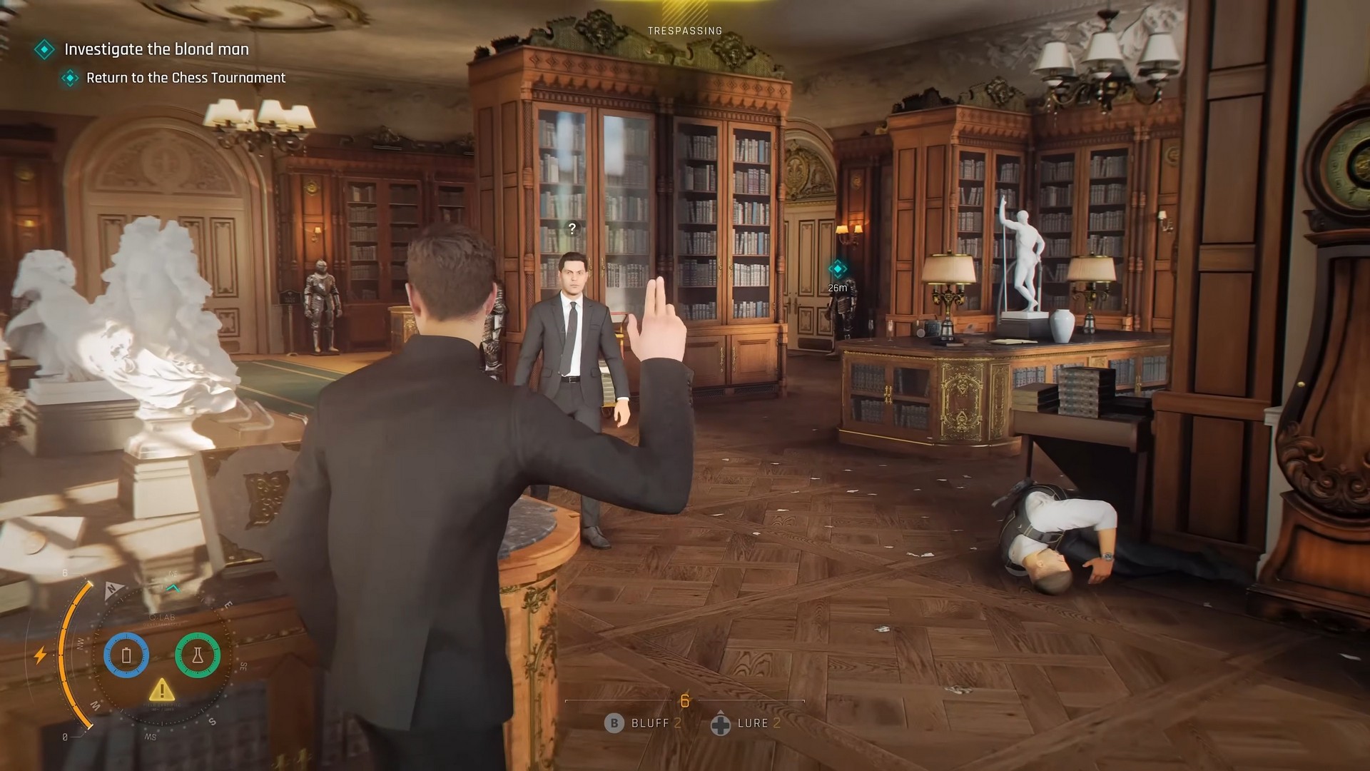 James Bond in 007 First Light waves at guards in a restricted library