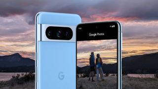 Pixel 8 Blue with sunset photography on screen and in the background