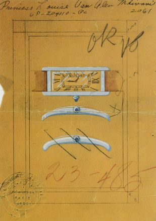 A 1935 sketch for a 'Tank Cintrée' wristwatch, created for Princess Mdivani, wife of Louis Van Allen.