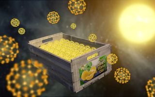 To form a solid particle, "buckyballs" must stack together like oranges in a crate, as shown in this illustration.