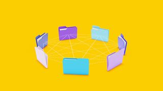 A circular arrangement of multi-colored folders connected by dotted lines symbolizing the exchange of information in a P2P system