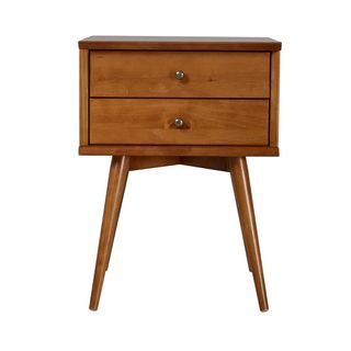 Two drawer natural wood nightstand on spindly wood legs