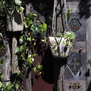 garden area with plant wall and tea cup