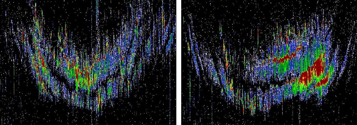 Radar echoes plotted over the course of two days show how the signal emerged at dawn, descended toward the ground, and then rose again over the course of the day.