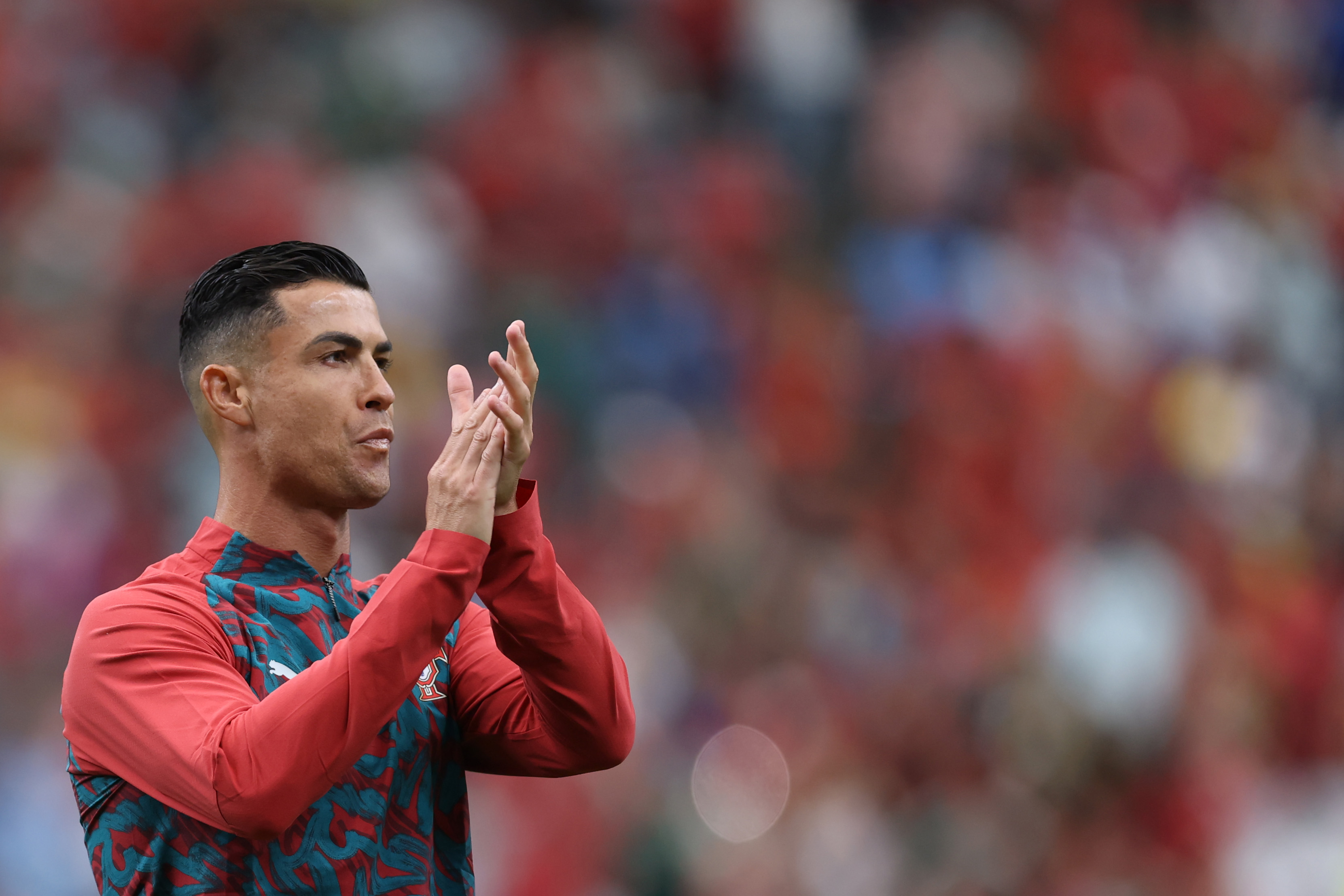 Cristiano Ronaldo warms up ahead of Portugal and Congo DR at Houston Stadium on June 17, 2026 in Houston, Texas.