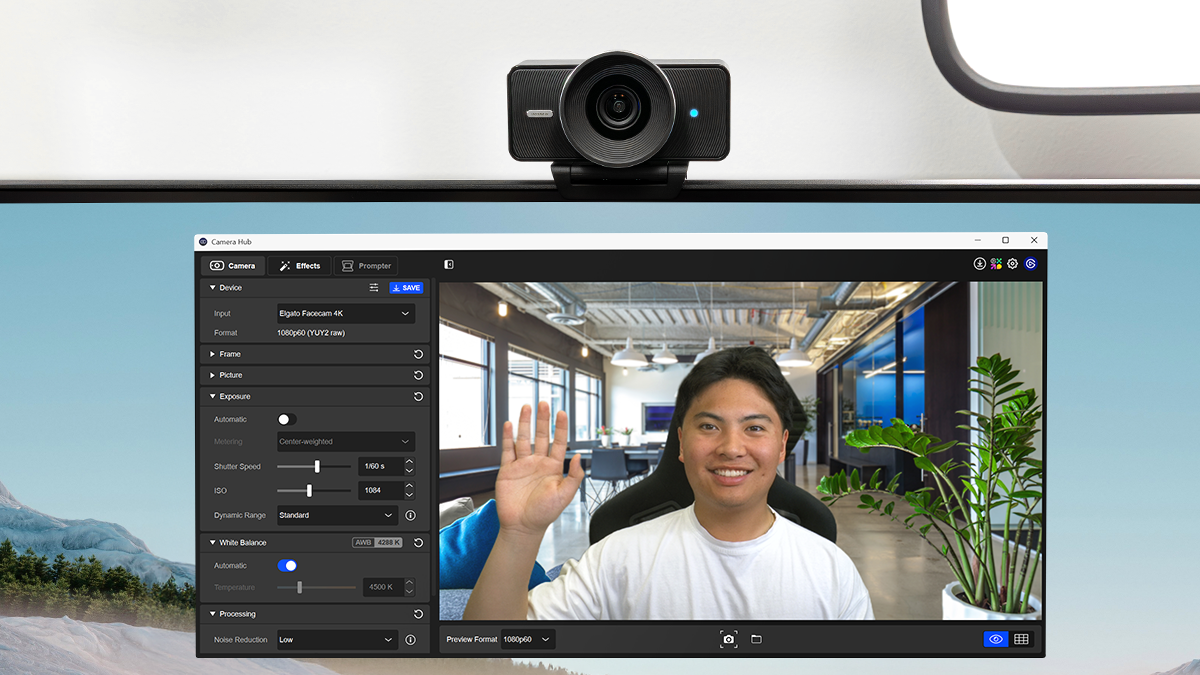 Facecam 4K mounted on top of a monitor with Camera Hub open showcasing what its capable of