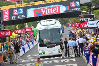 The Orica GreenEDGE bus caused panic at the end of stage 1