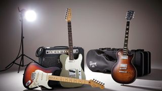 Fender American Standard Stratocaster, Standard Telecaster and Gibson 2012 Les Paul Standard electric guitars, photographed during a studio shoot