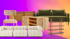 mid-century modern home pieces on a colorful background