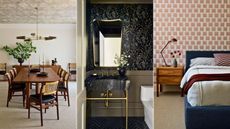 three images dining room, powder room and bedroom with wallcoverings