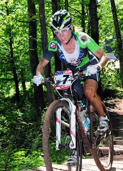 Willow Koerber (Gary Fisher/Subaru) crosses a bridge while in the lead.