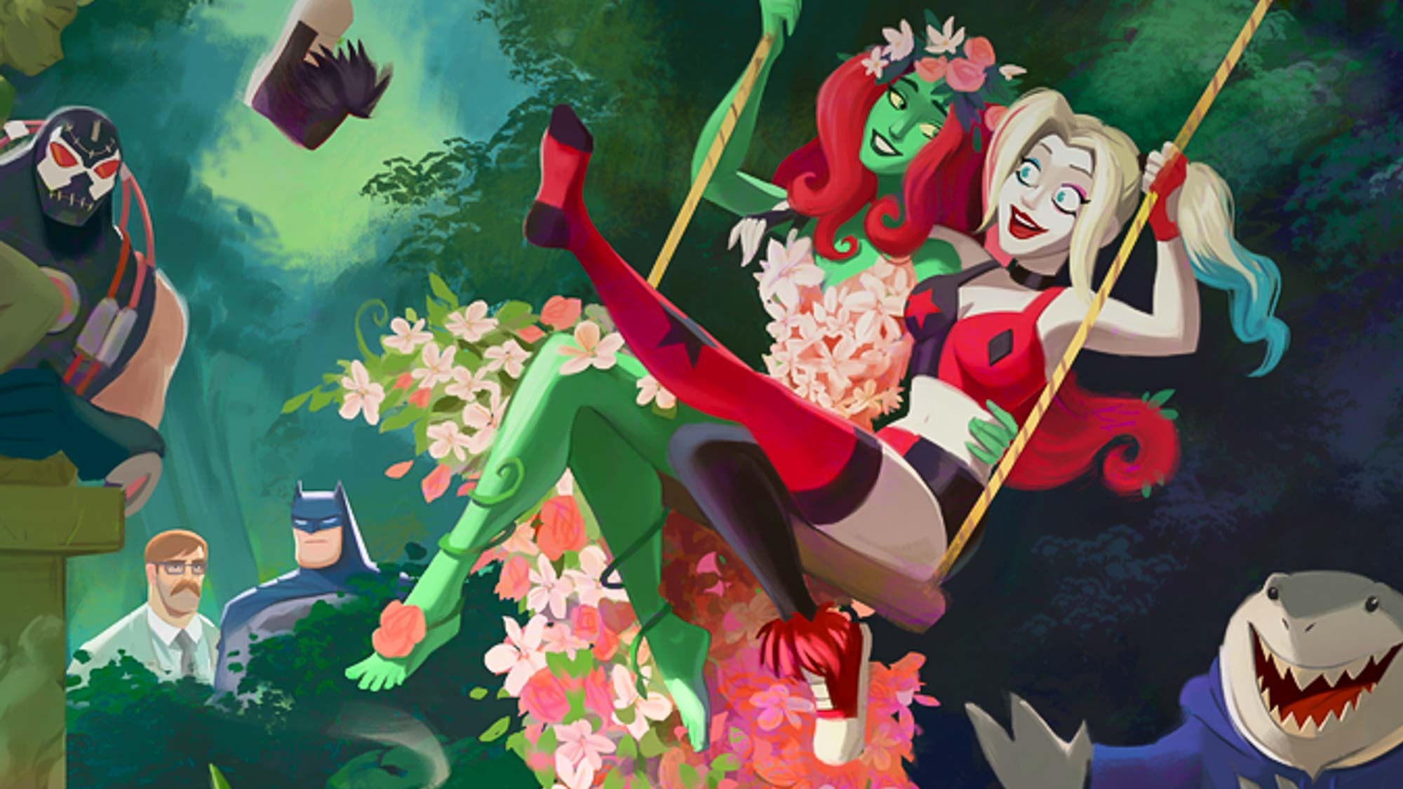 (L, R) Poison Ivy (gesprochen von Lake Bell) und Harley Quinn (Kaley Cuoco) reiten auf einer Blumenschaukel mit Commissioner Gordon, Batman, Bane und King Shark im Hintergrund