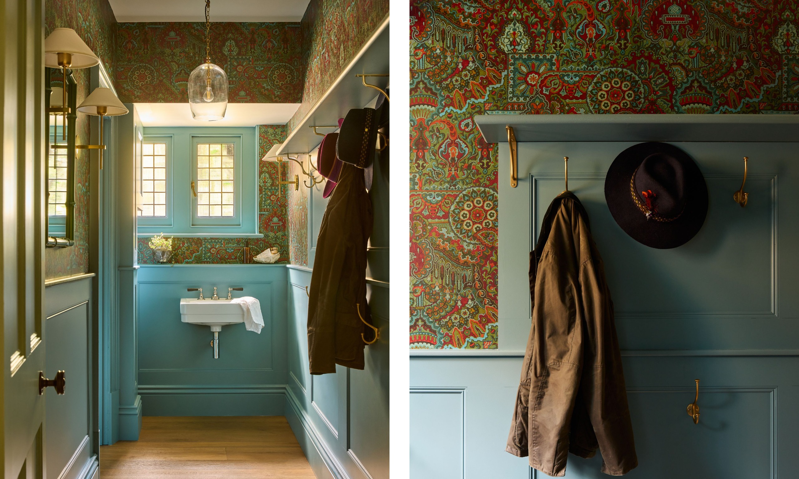 Two images of a cloakroom with warm blue wall paneling, green and red patterned wallpaper on the upper walls, wood flooring, two small windows, and coat hooks.