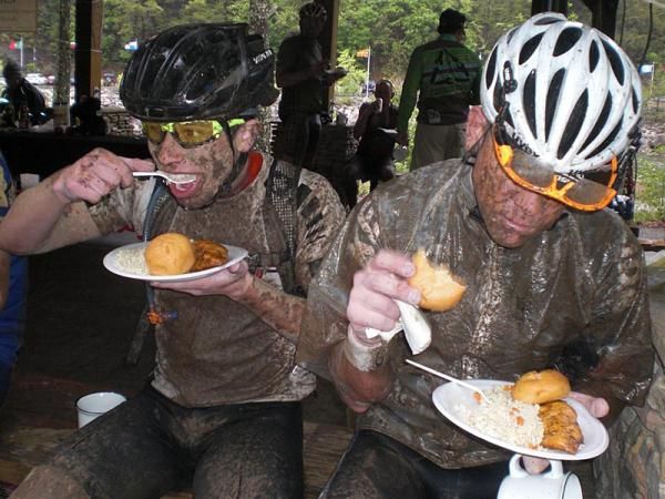 Ethan Millstein and Rich Weis enjoy a post race meal.