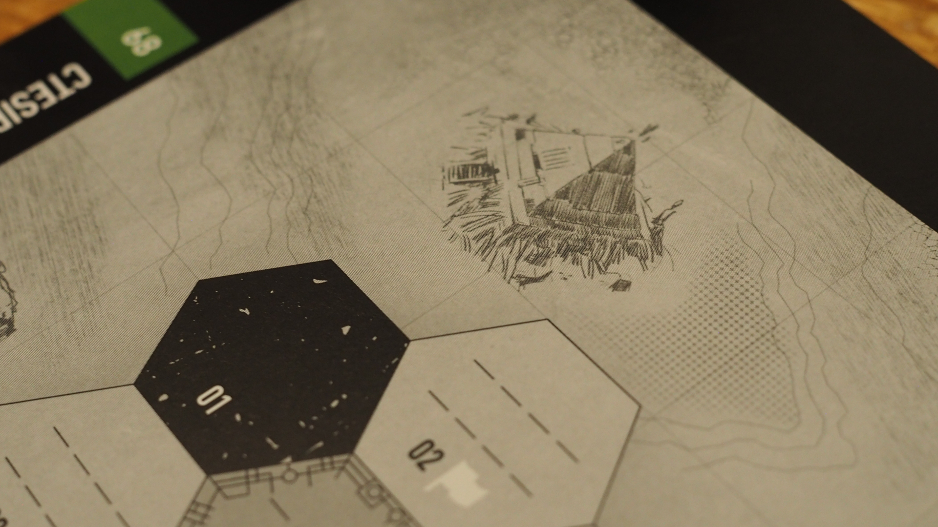 A pyramid illustration on a black and white hex map