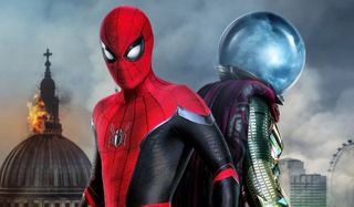 Spider-Man: Far From Home Spidey and Mysterio stand back to back in London