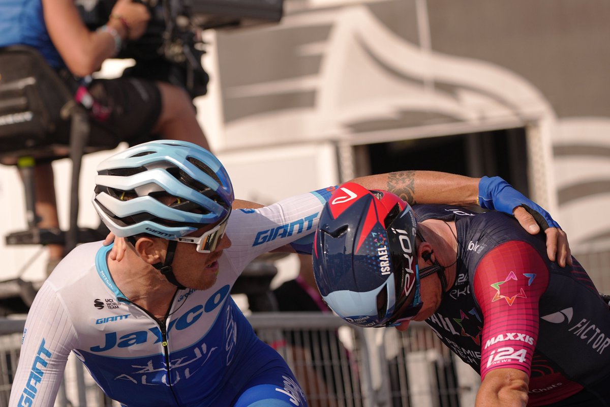 Alessandro De Marchi and Simon Clarke at the end of stage 6 of the 2023 Giro d'Italia