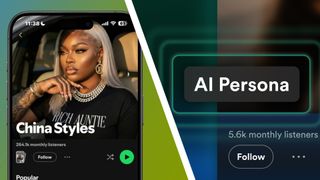 A smartphone showing an AI artist profile page in the Spotify app, next to a large AI Persona tag