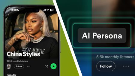 A smartphone showing an AI artist profile page in the Spotify app, next to a large AI Persona tag