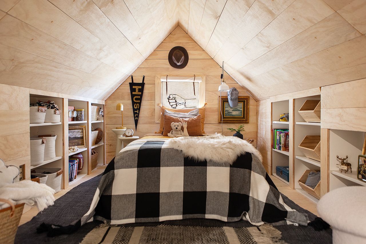 Wooden clad kids loft bedroom