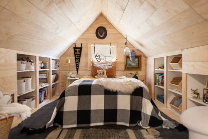 Wooden clad kids loft bedroom