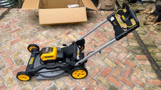 Dewalt DCMWP600X2 60V MAX Cordless Push Mower being tested in writer's home