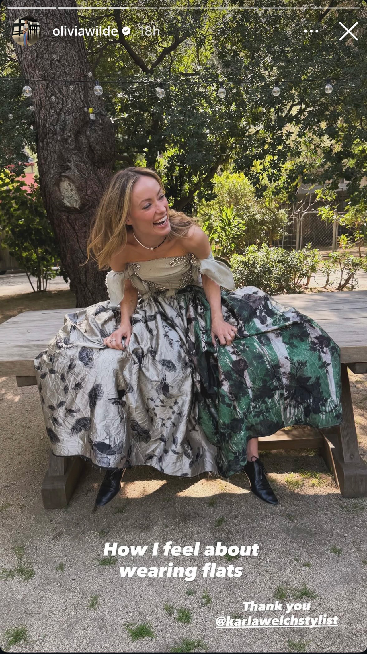 Olivia Wilde admits wearing flats with a ballgown is delightful in post about Eden bodice core dress.